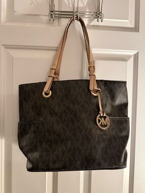 Michael Kors Dark Brown MK Logo Tote with Tan Straps